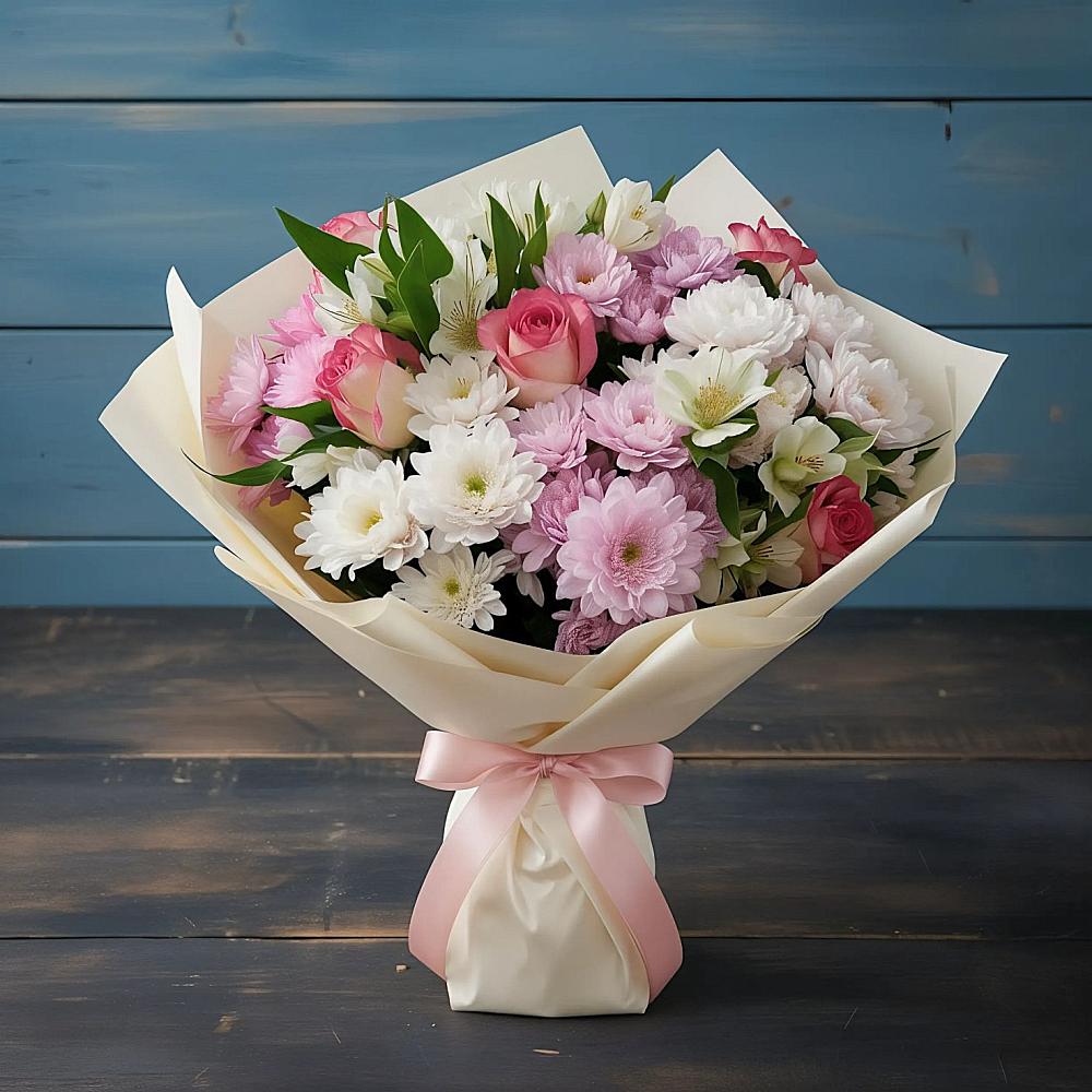 Букет цветов из: Хризантемы, Альстромерии и Розы в Николо-Александровском